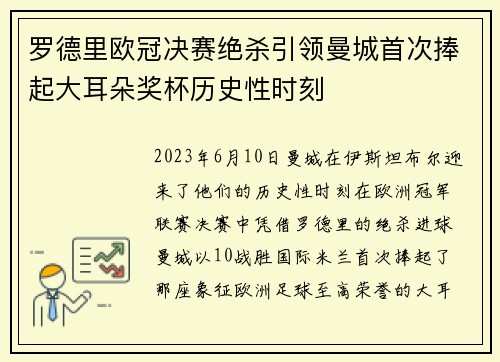 罗德里欧冠决赛绝杀引领曼城首次捧起大耳朵奖杯历史性时刻 罗德里欧冠决赛绝杀引领曼城首次捧起大耳朵奖杯历史性时刻