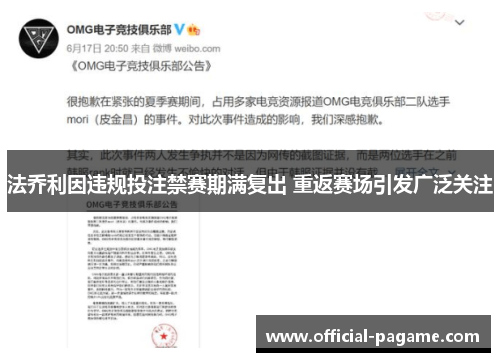 法乔利因违规投注禁赛期满复出 重返赛场引发广泛关注 法乔利因违规投注禁赛期满复出 重返赛场引发广泛关注