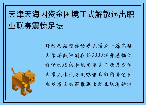 天津天海因资金困境正式解散退出职业联赛震惊足坛